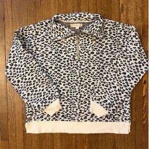 Loft Womens Leopard Print Quarter Zip Sweater Black White Animal Knit Medium